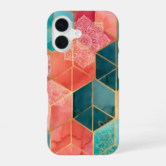 Boho patroon kleurrijke zeshoek patchwork kubussen iPhone 16 hoesje
