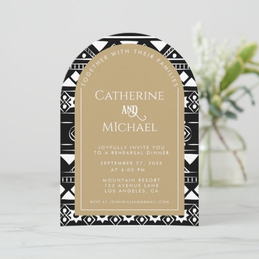 Boho Pattern Wedding Arch Gold Rehearsal Dinner Kaart (Staand voorkant)