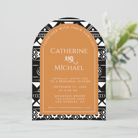 Boho Pattern Wedding Arch Oranje Rehearsal Dinner Kaart (Staand voorkant)