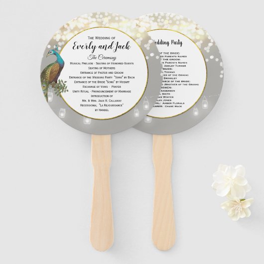 Boho Pauw Grau Teal Goud Trouwprogramma Handwaaier (Voorkant en achterkant)