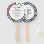 Boho Pauw Grau Teal Goud Trouwprogramma Handwaaier (Voorkant en achterkant)