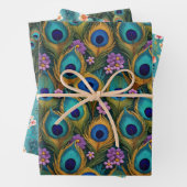 Boho pauwen en levendige pauw veren bloemen inpakpapier vel (In situ)