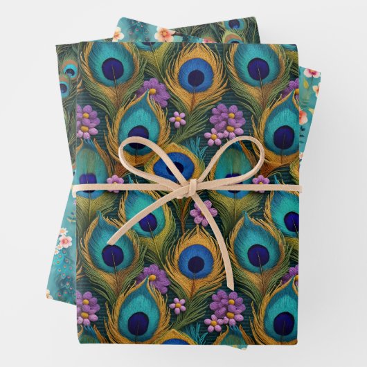 Boho pauwen en levendige pauw veren bloemen inpakpapier vel (In situ)