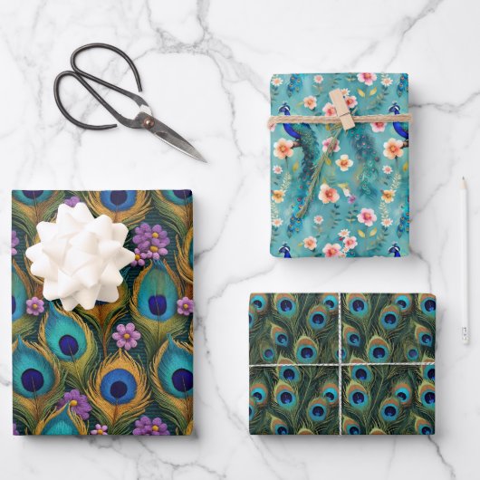 Boho pauwen en levendige pauw veren bloemen inpakpapier vel (Voorkant)
