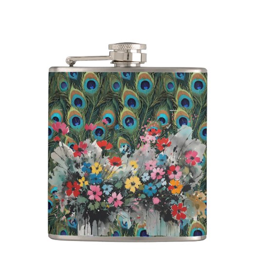 Boho Pauwveren En Wilde Bloemen Heupfles (Voorkant)