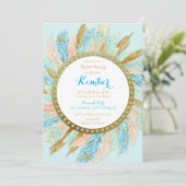 Boho Pauwveren Mint Perzik Goud Turquoise Kaart (Staand voorkant)