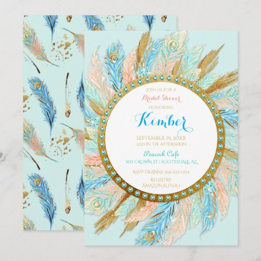 Boho Pauwveren Mint Perzik Goud Turquoise Kaart (Voorkant / Achterkant)