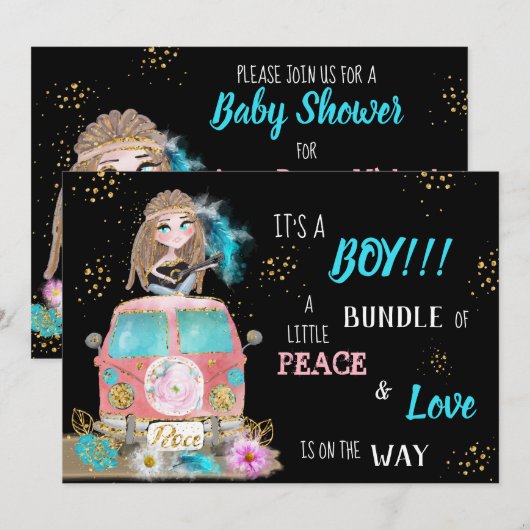 * Boho Peace & Love Hippie Car Bus Baby Boy Kaart (Voorkant / Achterkant)