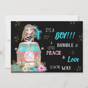 * Boho Peace & Love Hippie Car Bus Baby Boy Kaart