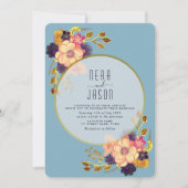 Boho Peach Blue Floral Gold Wedding Invitation Kaart (Voorkant)