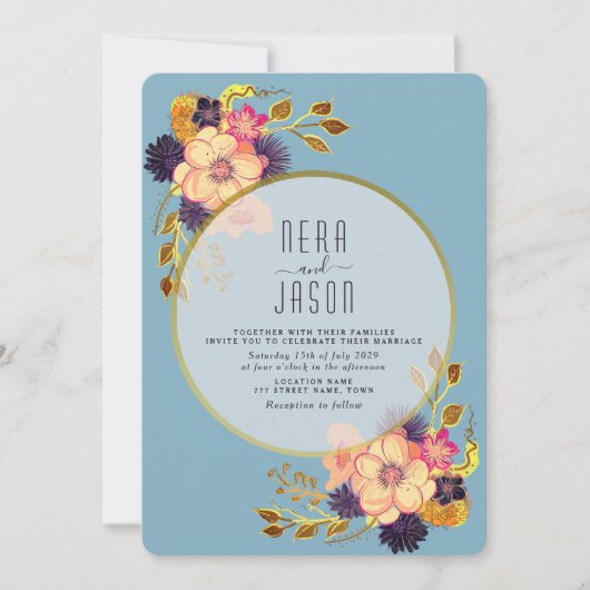 Boho Peach Blue Floral Gold Wedding Invitation Kaart (Voorkant)