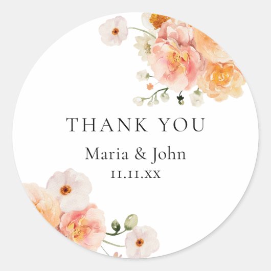 Boho Peach & Blush Bloemachtige Trouwstickers Ronde Sticker (Voorkant)