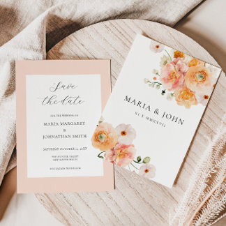 Boho Peach & Blush Floral Wedding Save the Date Kaart