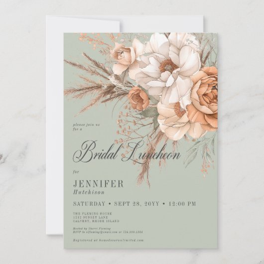 Boho Peach & Cream Bloemen Groene Bruids Luncheon Kaart (Voorkant)