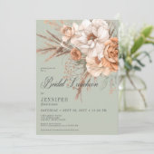 Boho Peach & Cream Bloemen Groene Bruids Luncheon Kaart (Staand voorkant)