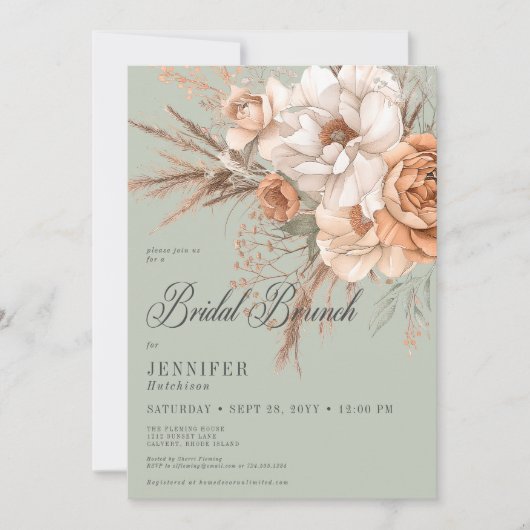 Boho Peach & Cream Bloemen Groene Bruidsbrunch Kaart (Voorkant)