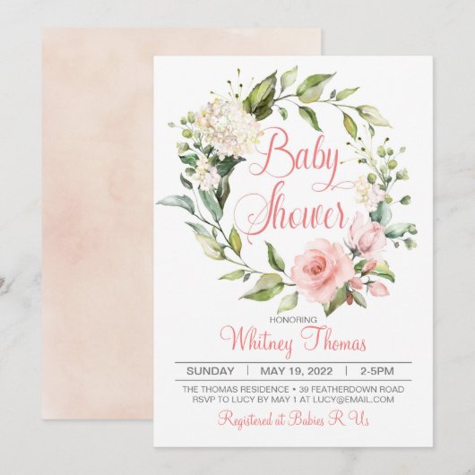 Boho Peach Floral Baby shower Invitation Kaart (Voorkant / Achterkant)