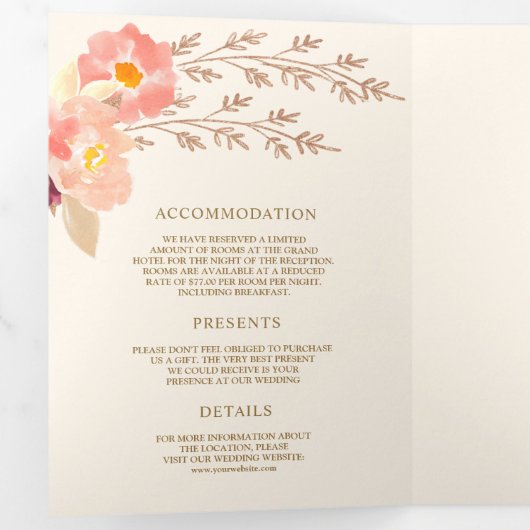 Boho peach Floral in één ivoren bruiloft Drieluik Uitnodiging (Binnenzijde eerst)