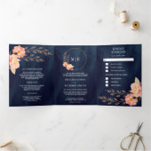 Boho peach Floral in één marineblauw huwelijk Drieluik Uitnodiging (Binnen)