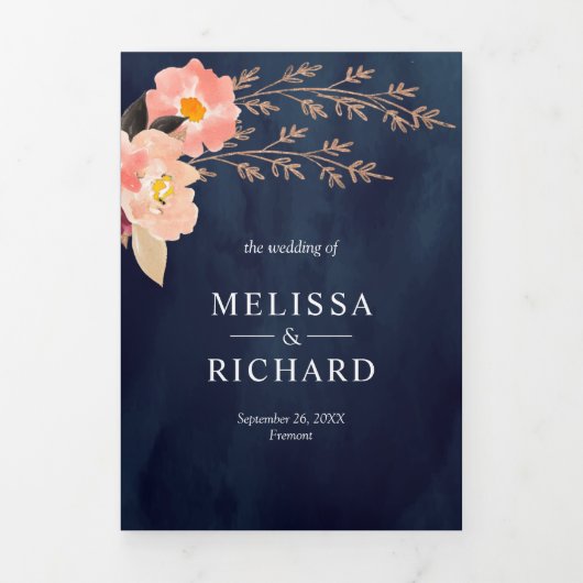 Boho peach Floral in één marineblauw huwelijk Drieluik Uitnodiging (Cover)