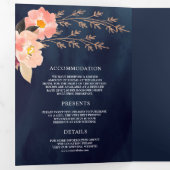 Boho peach Floral in één marineblauw huwelijk Drieluik Uitnodiging (Binnenzijde eerst)