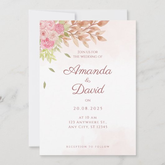 Boho Peach Floral Wedding Invitation Kaart (Voorkant)