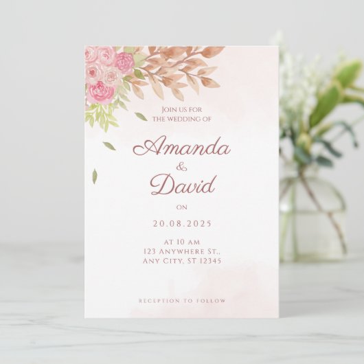 Boho Peach Floral Wedding Invitation Kaart (Staand voorkant)