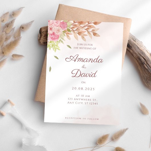 Boho Peach Floral Wedding Invitation Kaart