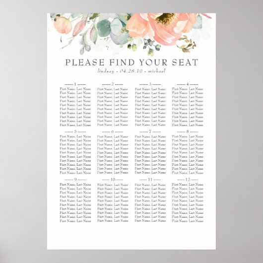 Boho Peach Floral Wedding Seating Chart Poster (Voorkant)