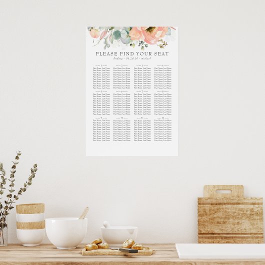 Boho Peach Floral Wedding Seating Chart Poster (Keuken)