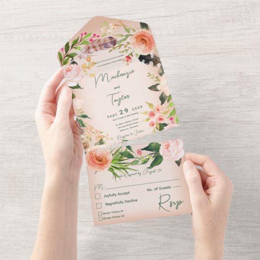 Boho Peach Floral Wreath & Feathers Dinner All In One Uitnodiging (Afscheurbaar)