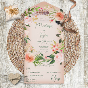 Boho Peach Floral Wreath & Feathers Dinner All In One Uitnodiging
