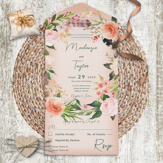 Boho Peach Floral Wreath & Feathers Dinner All In One Uitnodiging