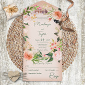 Boho Peach Floral Wreath & Feathers No Dinner All In One Uitnodiging
