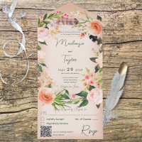 Boho Peach Floral Wreath & Feathers QR-code
