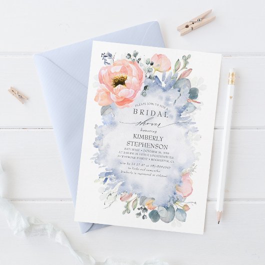 Boho Peach Flowers Soft Dusty Blue Vrijgezellenfee Kaart
