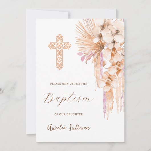 Boho Peach Lila doopuitnodiging Kaart (Voorkant)