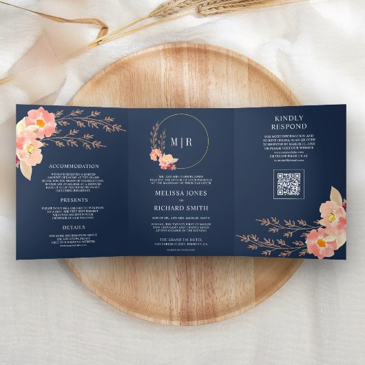 Boho Peach Orchide Bloem QR Code Navy Blauwe Huwel Drieluik Uitnodiging