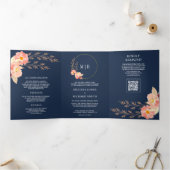 Boho Peach Orchide Bloem QR Code Navy Blauwe Huwel Drieluik Uitnodiging (Binnen)