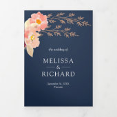 Boho Peach Orchide Bloem QR Code Navy Blauwe Huwel Drieluik Uitnodiging (Cover)