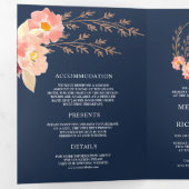 Boho Peach Orchide Bloem QR Code Navy Blauwe Huwel Drieluik Uitnodiging (Binnenzijde eerst)