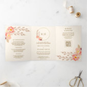 Boho Peach Orchidee Bloem QR Code Ivoren Huwelijk Drieluik Uitnodiging (Binnen)