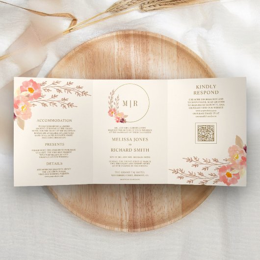 Boho Peach Orchidee Bloem QR Code Ivoren Huwelijk Drieluik Uitnodiging