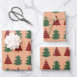 Boho Peach Red Green Kerstbomen Holiday Inpakpapier Vel