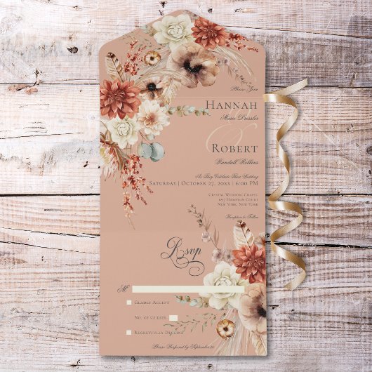 Boho Peach & Rust Bloemen & Veer Peach Geen diner All In One Uitnodiging