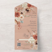 Boho Peach & Rust Bloemen & Veer Peach QR Code All In One Uitnodiging (Binnen)