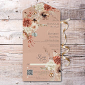 Boho Peach & Rust Bloemen & Veer Peach QR Code All In One Uitnodiging