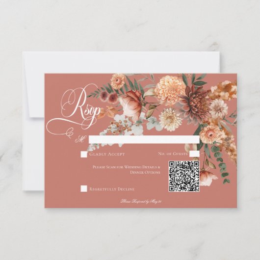 Boho Peach & Rust Bloemenroest QR Code RSVP Kaartje (Voorkant)