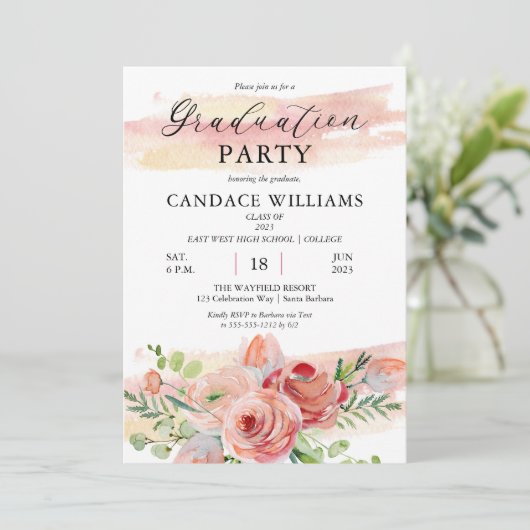 Boho Peach Waterverf Floral Graduation Party Kaart (Staand voorkant)