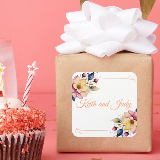 Boho Peachy Floral Vierkante Sticker (Feest)